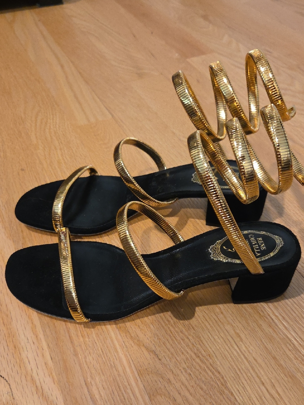 Rene Caovilla Black Sandals with Gold Coil Straps